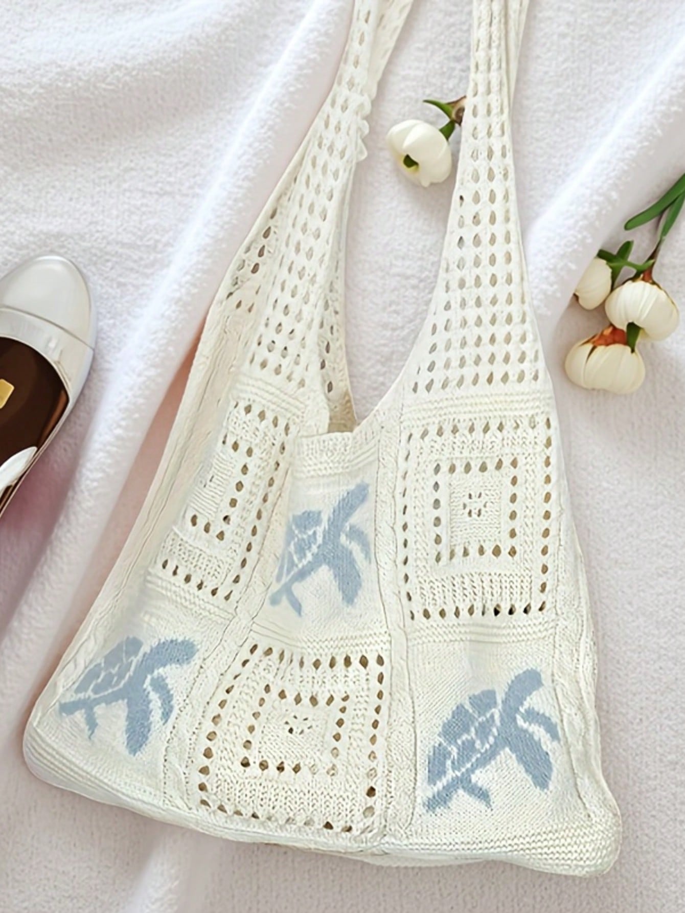 Women's Summer Beach Tote Bag, Crochet Design, Turtle Pattern, Large Capacity Open Handle, Suitable For Casual Outings And Beach Vacations, Boho Chic