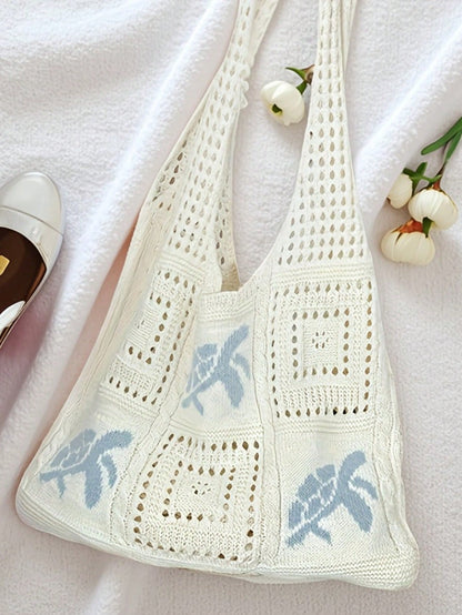 Women's Summer Beach Tote Bag, Crochet Design, Turtle Pattern, Large Capacity Open Handle, Suitable For Casual Outings And Beach Vacations, Boho Chic