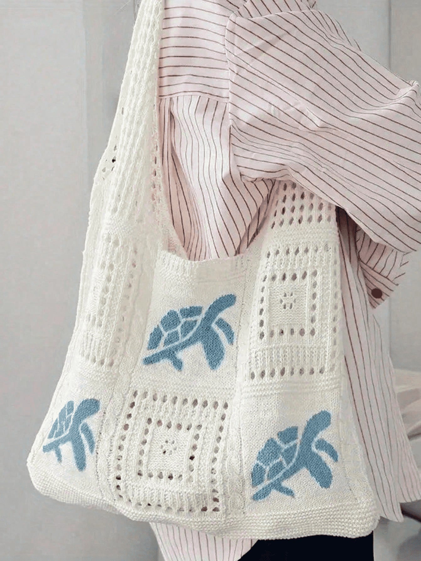 Women's Summer Beach Tote Bag, Crochet Design, Turtle Pattern, Large Capacity Open Handle, Suitable For Casual Outings And Beach Vacations, Boho Chic