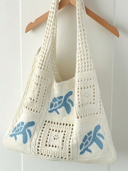 Women's Summer Beach Tote Bag, Crochet Design, Turtle Pattern, Large Capacity Open Handle, Suitable For Casual Outings And Beach Vacations, Boho Chic
