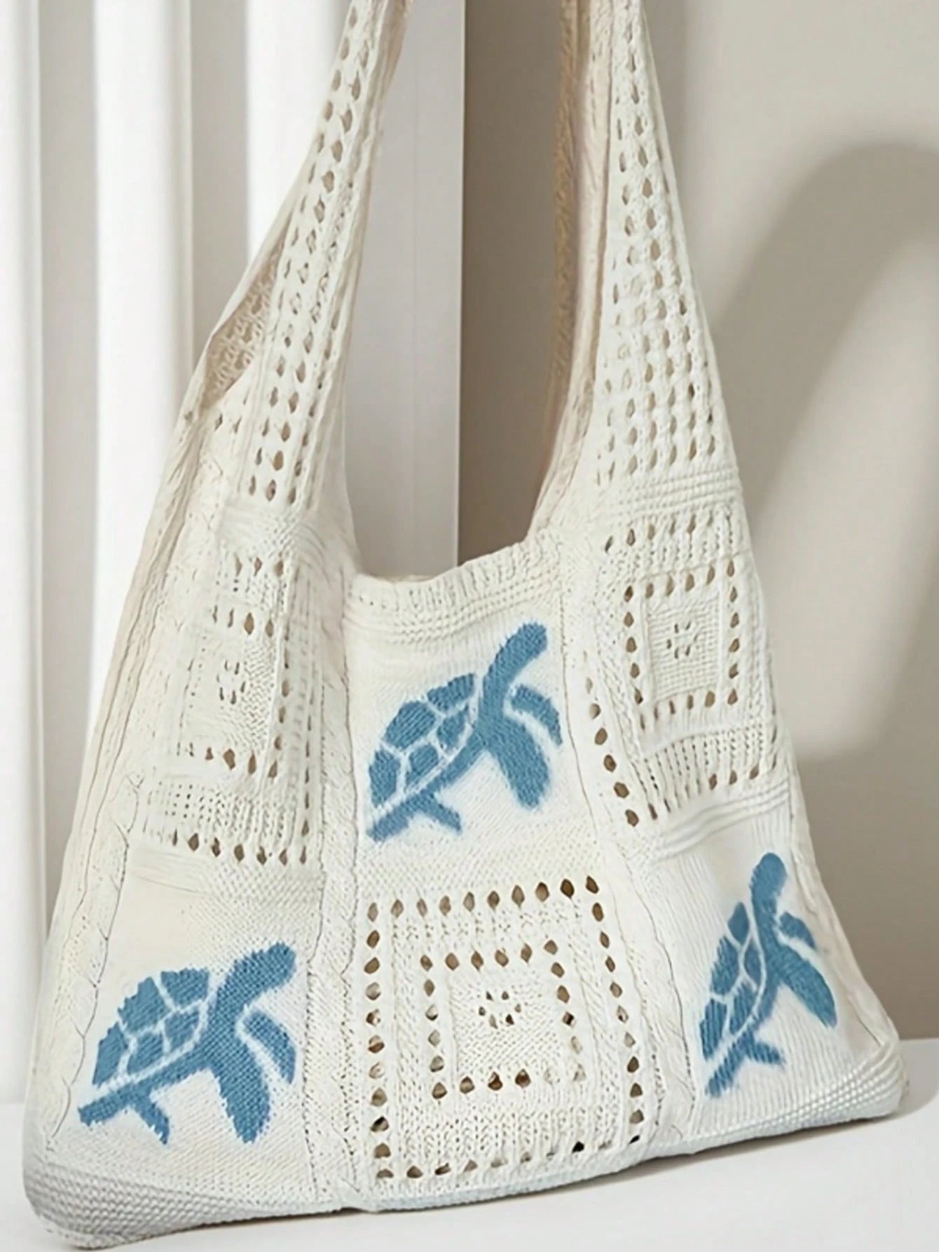 Women's Summer Beach Tote Bag, Crochet Design, Turtle Pattern, Large Capacity Open Handle, Suitable For Casual Outings And Beach Vacations, Boho Chic