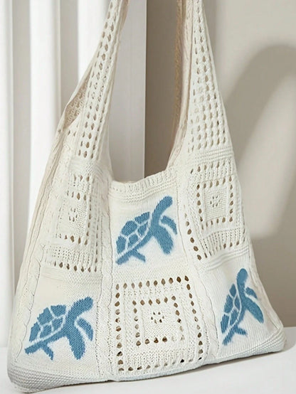Women's Summer Beach Tote Bag, Crochet Design, Turtle Pattern, Large Capacity Open Handle, Suitable For Casual Outings And Beach Vacations, Boho Chic