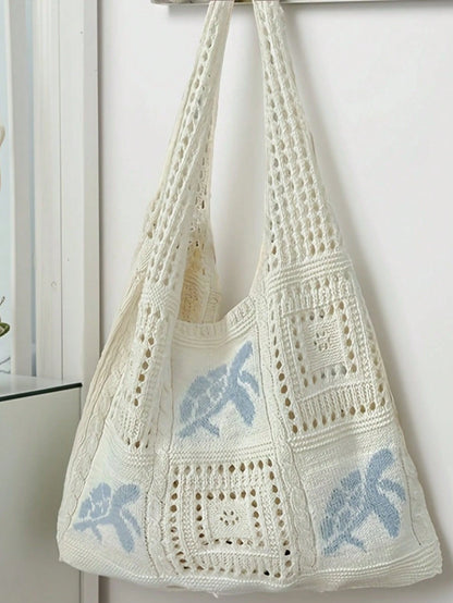 Women's Summer Beach Tote Bag, Crochet Design, Turtle Pattern, Large Capacity Open Handle, Suitable For Casual Outings And Beach Vacations, Boho Chic