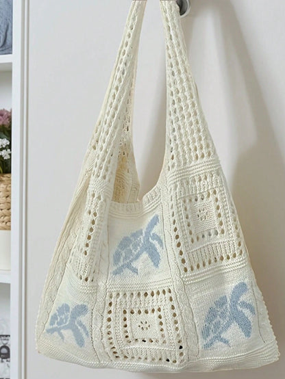 Women's Summer Beach Tote Bag, Crochet Design, Turtle Pattern, Large Capacity Open Handle, Suitable For Casual Outings And Beach Vacations, Boho Chic