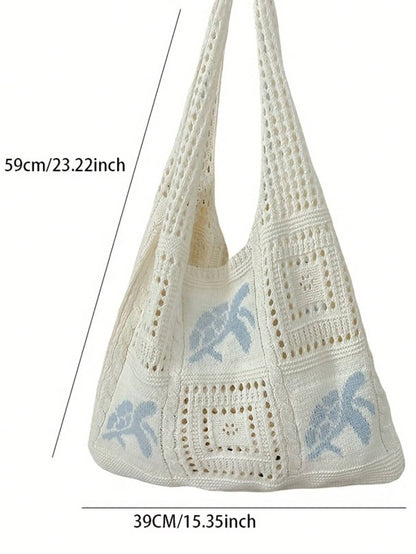 Women's Summer Beach Tote Bag, Crochet Design, Turtle Pattern, Large Capacity Open Handle, Suitable For Casual Outings And Beach Vacations, Boho Chic