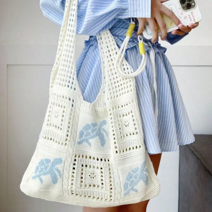 Women's Summer Beach Tote Bag- Crochet Design With Sea Turtle Pattern, Large Capacity Open-Top Tote, Beige Polyester, Suitable For Casual Outings And Coastal Vacations, Beach Tote Bag, Travel Accesso