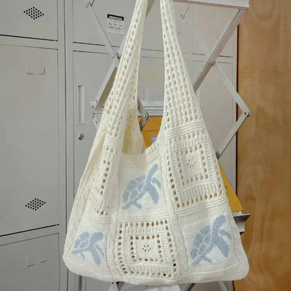 Women's Summer Beach Tote Bag- Crochet Design With Sea Turtle Pattern, Large Capacity Open-Top Tote, Beige Polyester, Suitable For Casual Outings And Coastal Vacations, Beach Tote Bag, Travel Accesso