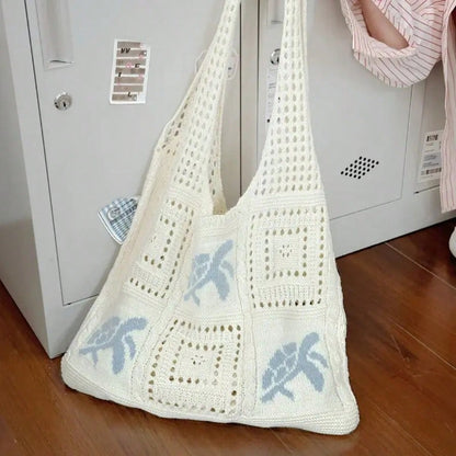 Women's Summer Beach Tote Bag- Crochet Design With Sea Turtle Pattern, Large Capacity Open-Top Tote, Beige Polyester, Suitable For Casual Outings And Coastal Vacations, Beach Tote Bag, Travel Accesso