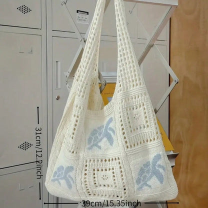 Women's Summer Beach Tote Bag- Crochet Design With Sea Turtle Pattern, Large Capacity Open-Top Tote, Beige Polyester, Suitable For Casual Outings And Coastal Vacations, Beach Tote Bag, Travel Accesso