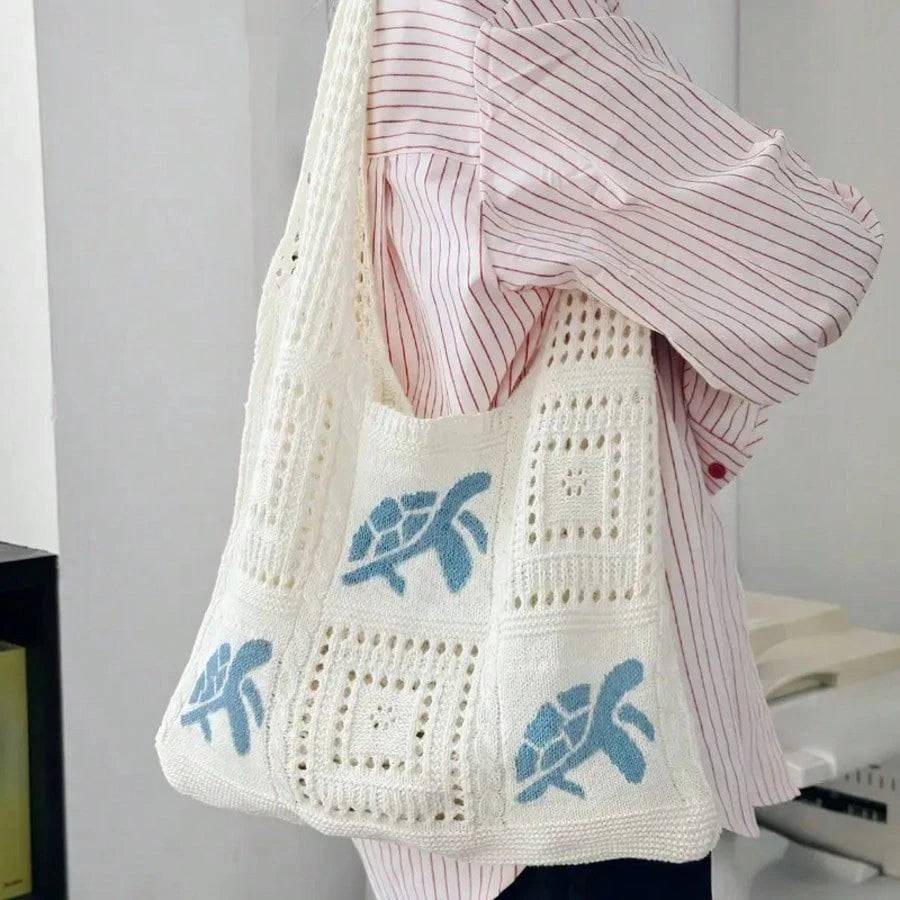 Women's Summer Beach Tote Bag- Crochet Design With Sea Turtle Pattern, Large Capacity Open-Top Tote, Beige Polyester, Suitable For Casual Outings And Coastal Vacations, Beach Tote Bag, Travel Accesso