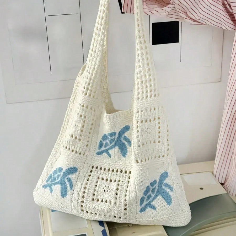 Women's Summer Beach Tote Bag- Crochet Design With Sea Turtle Pattern, Large Capacity Open-Top Tote, Beige Polyester, Suitable For Casual Outings And Coastal Vacations, Beach Tote Bag, Travel Accesso
