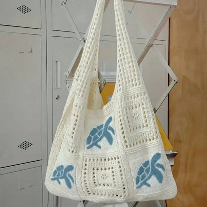 Women's Summer Beach Tote Bag- Crochet Design With Sea Turtle Pattern, Large Capacity Open-Top Tote, Beige Polyester, Suitable For Casual Outings And Coastal Vacations, Beach Tote Bag, Travel Accesso