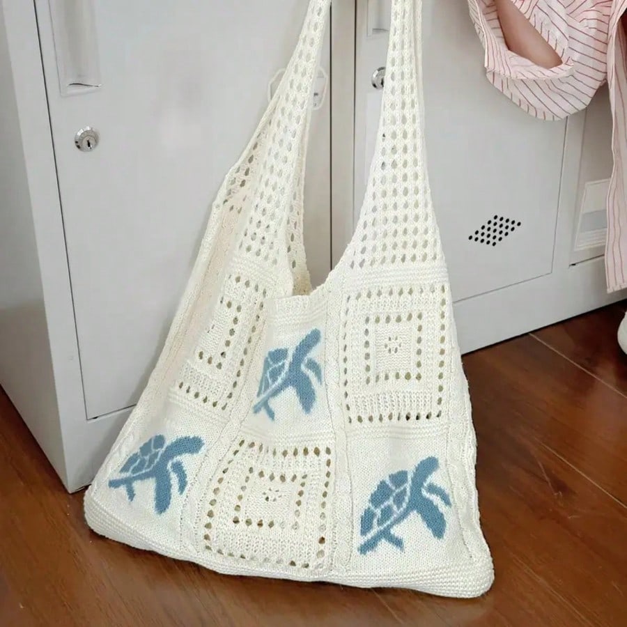 Women's Summer Beach Tote Bag- Crochet Design With Sea Turtle Pattern, Large Capacity Open-Top Tote, Beige Polyester, Suitable For Casual Outings And Coastal Vacations, Beach Tote Bag, Travel Accesso