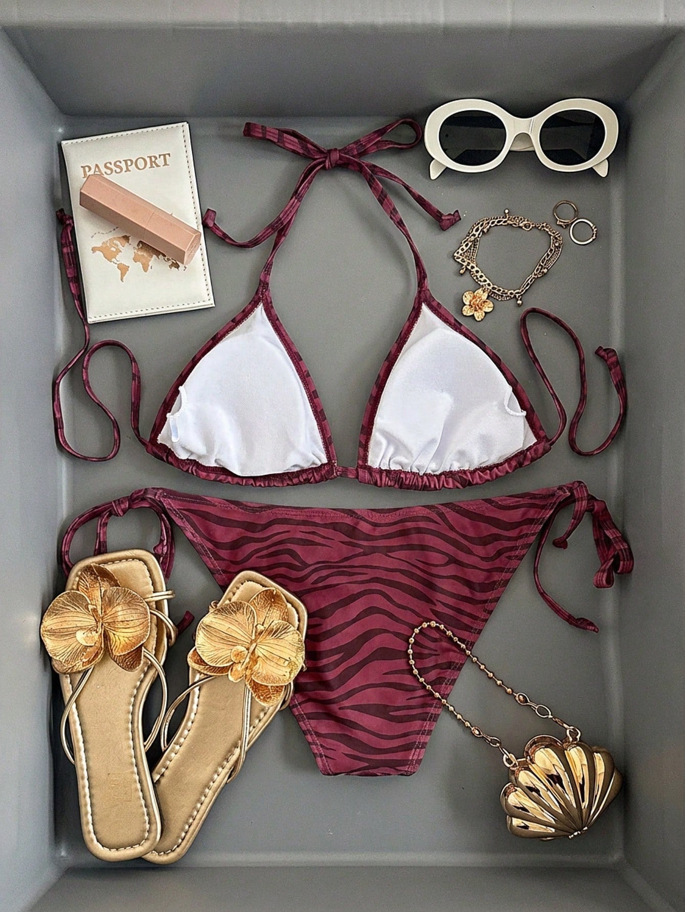 Women's Summer Beach Zebra Print Halter Tie Sexy Bikini Swimwear Set