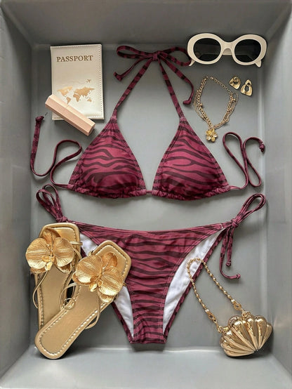 Women's Summer Beach Zebra Print Halter Tie Sexy Bikini Swimwear Set