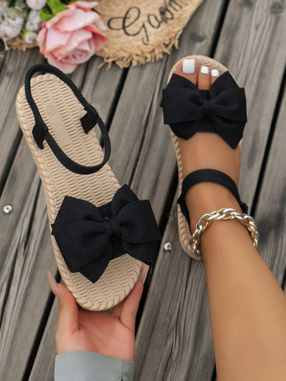 Women's Summer Black Cute Butterfly Flower Flat Sandals, Comfortable Lightweight Ankle Strap Fabric Shoes Suitable For Dates, Parties, Beach Valentines, Boho Chic