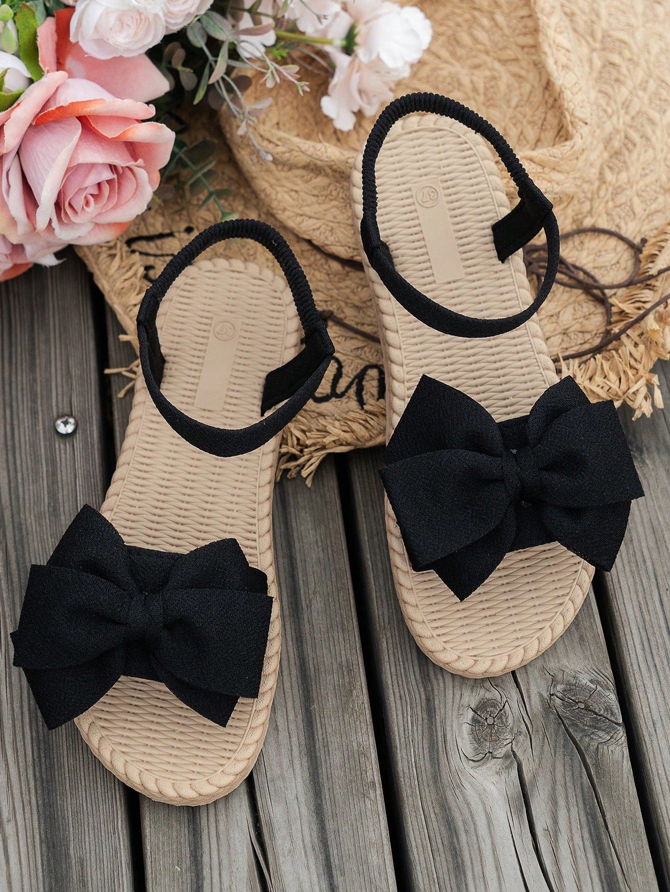 Women's Summer Black Cute Butterfly Flower Flat Sandals, Comfortable Lightweight Ankle Strap Fabric Shoes Suitable For Dates, Parties, Beach Valentines, Boho Chic