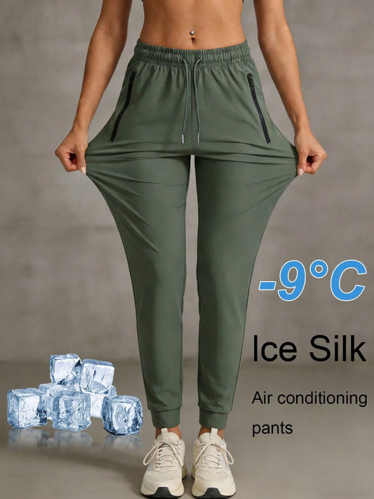 Women's Summer Ice Silk Breathable Running Pants, Quick-Dry Lightweight Sports Trousers With Zipper Pockets & Elastic Waistband For Fitness & Jogging Spring