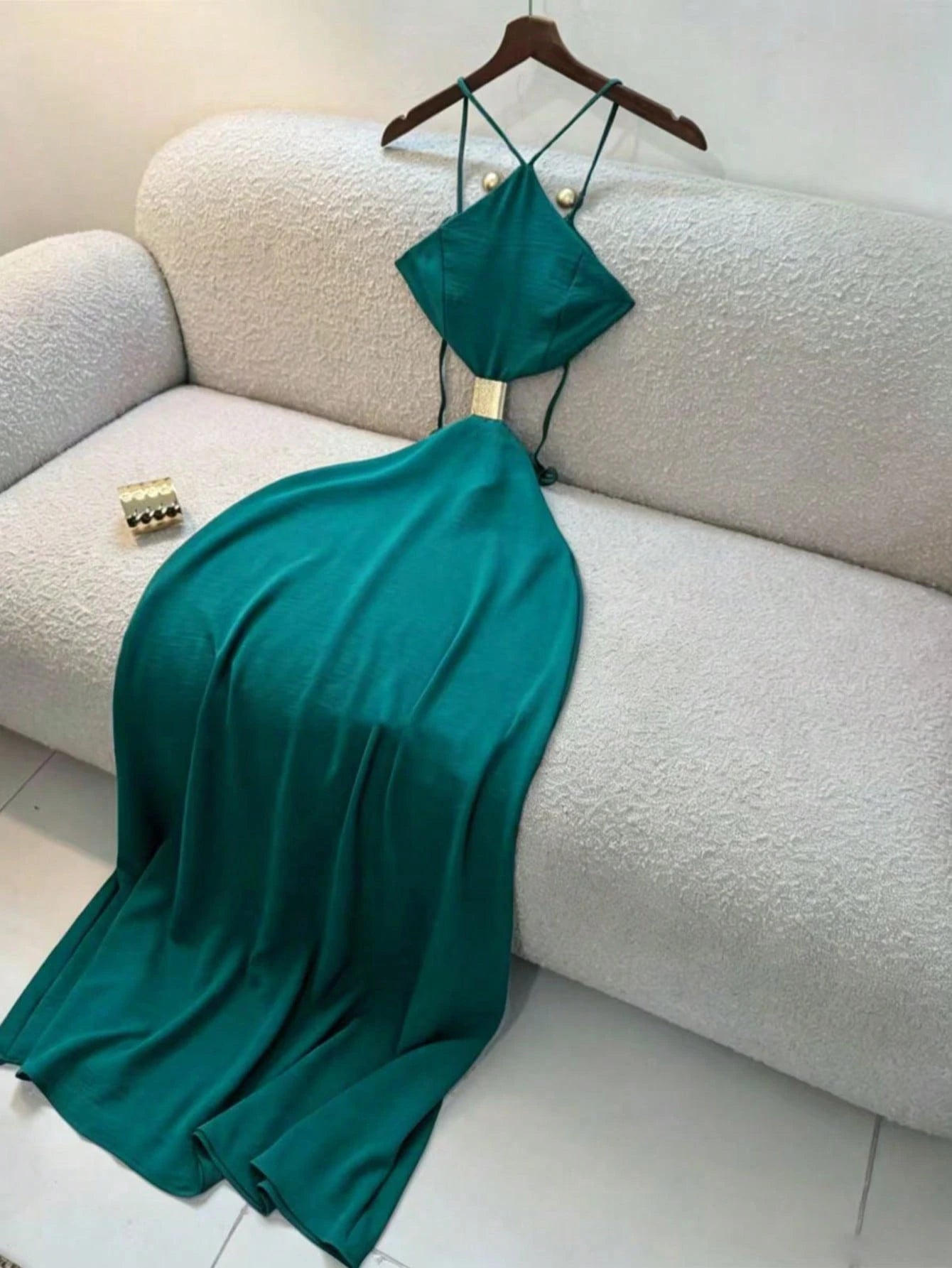 Women's Summer Midi Spaghetti Strap Dress, Vacation Style Backless Hollow Out Dress, Elegant Dress Suitable For Beach, Seaside Vacation, Wedding Guest Outfit, Wedding Guest Dress