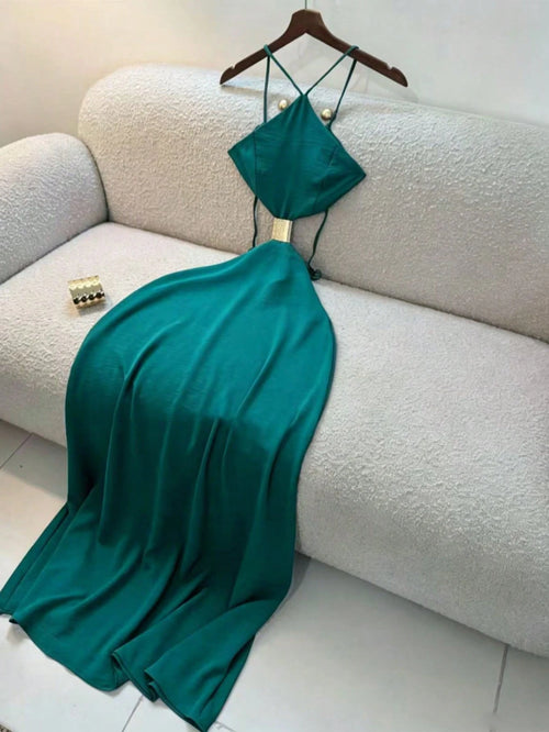 Women's Summer Midi Spaghetti Strap Dress, Vacation Style Backless Hollow Out Dress, Elegant Dress Suitable For Beach, Seaside Vacation, Wedding Guest Outfit, Wedding Guest Dress