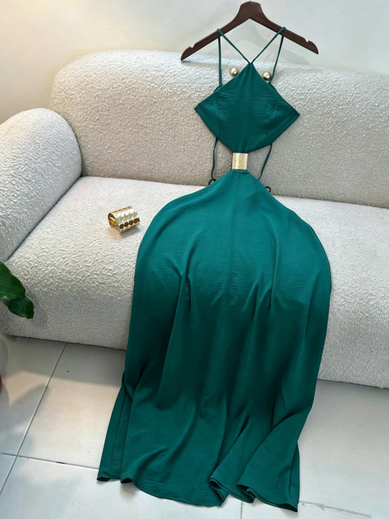 Women's Summer Midi Spaghetti Strap Dress, Vacation Style Backless Hollow Out Dress, Elegant Dress Suitable For Beach, Seaside Vacation, Wedding Guest Outfit, Wedding Guest Dress