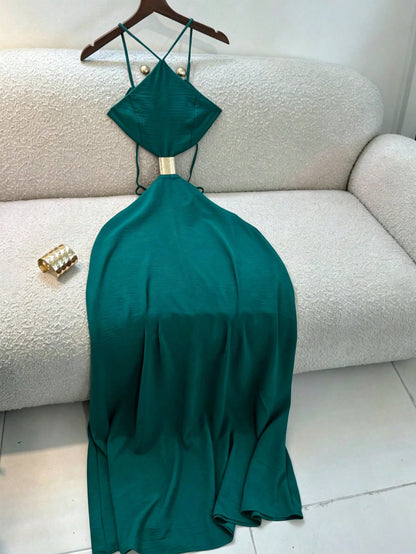 Women's Summer Midi Spaghetti Strap Dress, Vacation Style Backless Hollow Out Dress, Elegant Dress Suitable For Beach, Seaside Vacation, Wedding Guest Outfit, Wedding Guest Dress