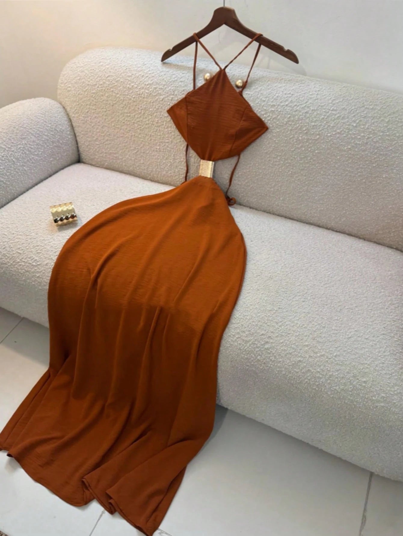 Women's Summer Midi Spaghetti Strap Dress, Vacation Style Backless Hollow Out Dress, Elegant Dress Suitable For Beach, Seaside Vacation, Wedding Guest Outfit, Wedding Guest Dress