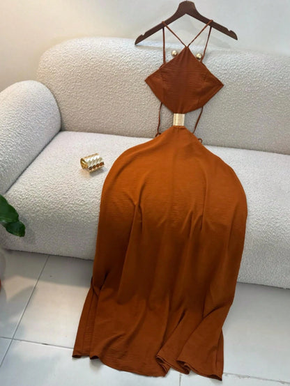 Women's Summer Midi Spaghetti Strap Dress, Vacation Style Backless Hollow Out Dress, Elegant Dress Suitable For Beach, Seaside Vacation, Wedding Guest Outfit, Wedding Guest Dress
