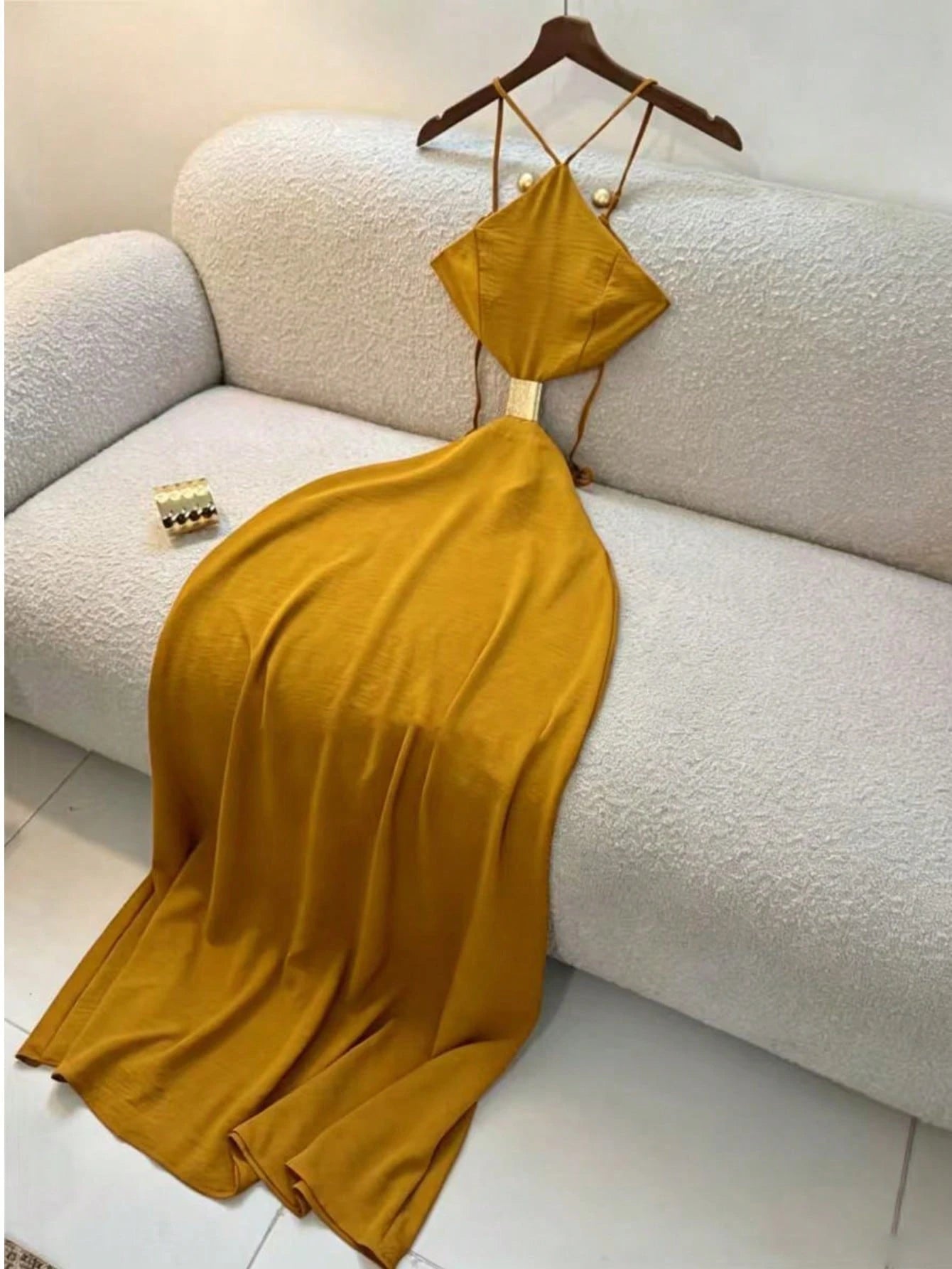 Women's Summer Midi Spaghetti Strap Dress, Vacation Style Backless Hollow Out Dress, Elegant Dress Suitable For Beach, Seaside Vacation, Wedding Guest Outfit, Wedding Guest Dress