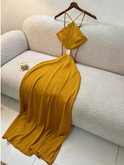 Women's Summer Midi Spaghetti Strap Dress, Vacation Style Backless Hollow Out Dress, Elegant Dress Suitable For Beach, Seaside Vacation, Wedding Guest Outfit, Wedding Guest Dress
