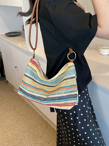 Women's Summer New Straw Woven Small Bag, Minimalist Textured Shoulder Bag, Crossbody Bag, Ultra-Light Mini Straw Material Shoulder Bag, Beach Bag, Straw Material