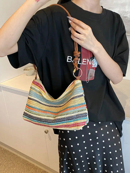 Women's Summer New Straw Woven Small Bag, Minimalist Textured Shoulder Bag, Crossbody Bag, Ultra-Light Mini Straw Material Shoulder Bag, Beach Bag, Straw Material