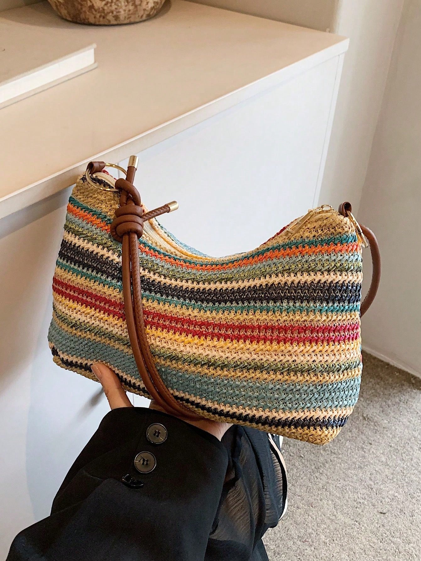 Women's Summer New Straw Woven Small Bag, Minimalist Textured Shoulder Bag, Crossbody Bag, Ultra-Light Mini Straw Material Shoulder Bag, Beach Bag, Straw Material