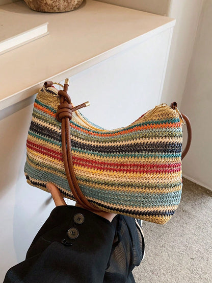 Women's Summer New Straw Woven Small Bag, Minimalist Textured Shoulder Bag, Crossbody Bag, Ultra-Light Mini Straw Material Shoulder Bag, Beach Bag, Straw Material