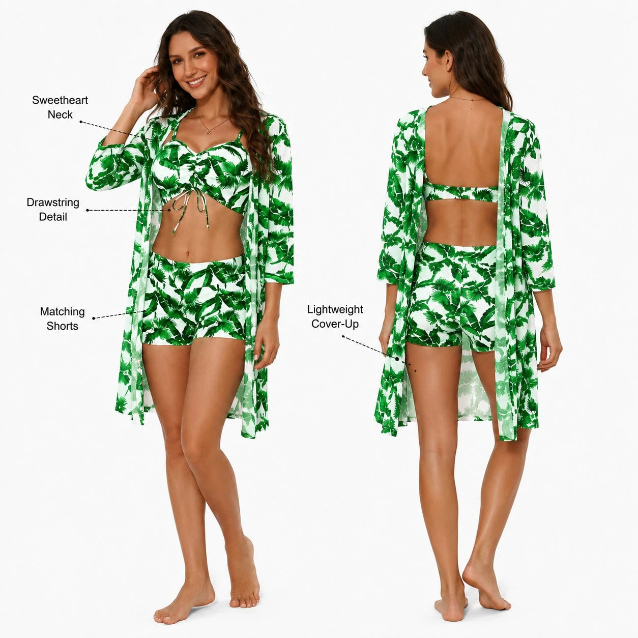 Women's Tropical Palm Leaf Print 2-Piece Swimsuit Set, Summer Sexy Sun-Protective Swimwear, Beach-Style Cover-Up, Suitable For Pool Parties