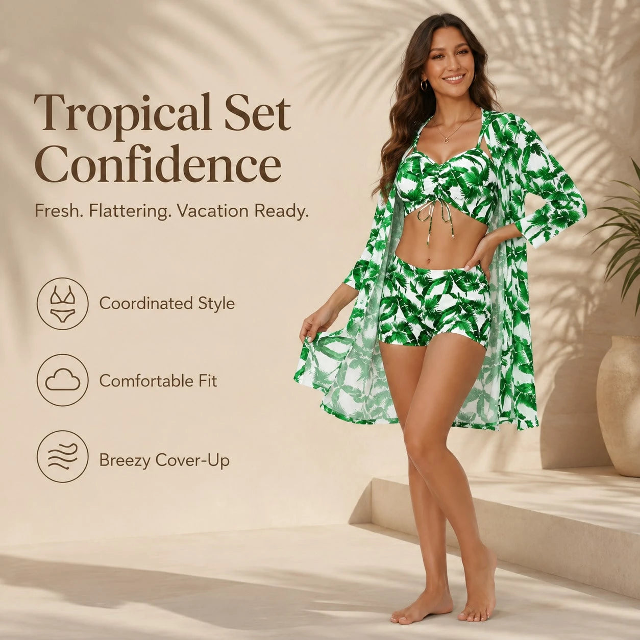 Women's Tropical Palm Leaf Print 2-Piece Swimsuit Set, Summer Sexy Sun-Protective Swimwear, Beach-Style Cover-Up, Suitable For Pool Parties