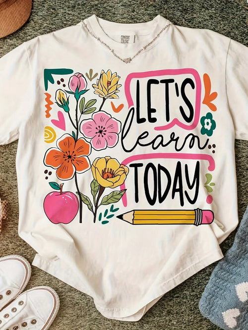 Women's & Unisex Bohemian Teacher Shirt- Vintage "Today's Learning" Floral Pencil Short Sleeve T-Shirt, Soft Breathable Round Neck Top Uniforms, Back