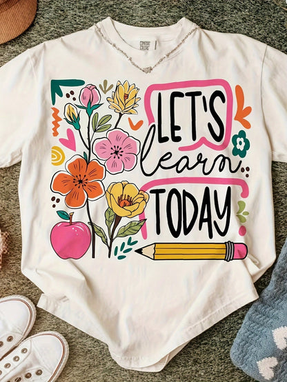 Women's & Unisex Bohemian Teacher Shirt- Vintage "Today's Learning" Floral Pencil Short Sleeve T-Shirt, Soft Breathable Round Neck Top Uniforms, Back