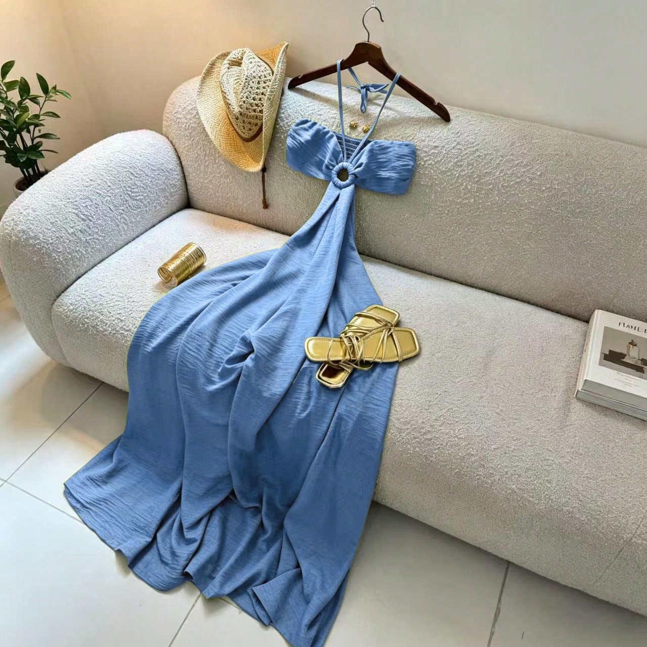 Women's Vacation Style Midi Dress, Print Backless Hollow Out Spaghetti Strap Dress, Summer Party Elegant