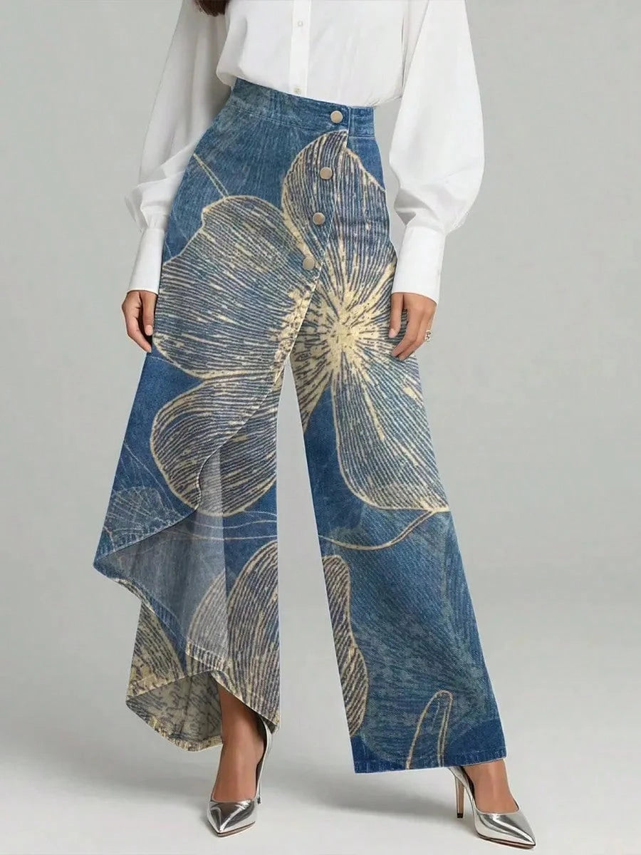 Women's Vintage Flower Patterns Print High-Waisted Relaxed Fit Wide-Leg Jeans With A Stylish Design