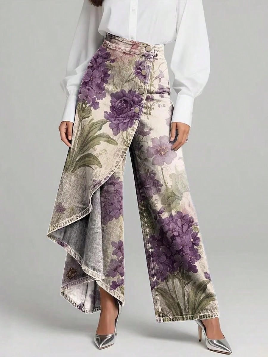 Women's Vintage Flower Patterns Print High-Waisted Relaxed Fit Wide-Leg Jeans With A Stylish Design