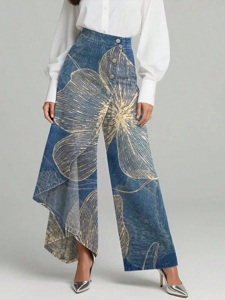 Women's Vintage Flower Patterns Print High-Waisted Relaxed Fit Wide-Leg Jeans With A Stylish Design