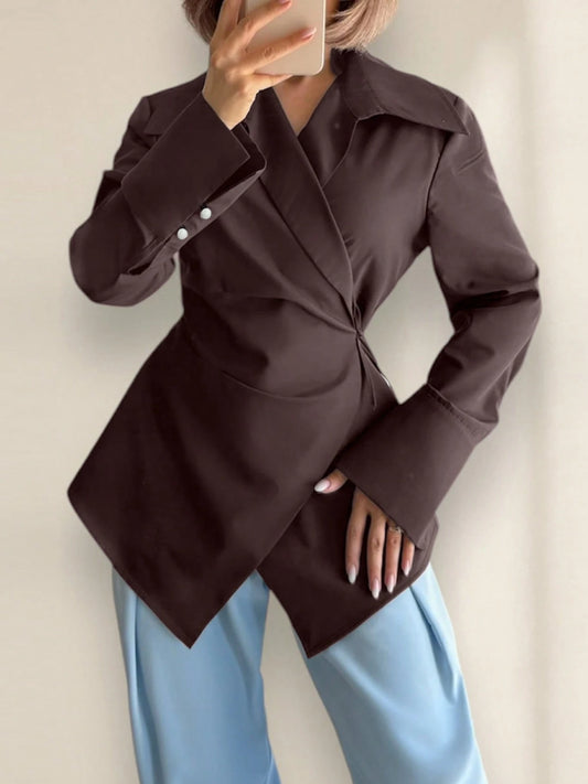Women's Waist Tie Long Sleeve Unique Solid Color Casual Shirt, Polyester, Spring/Summer Brown
