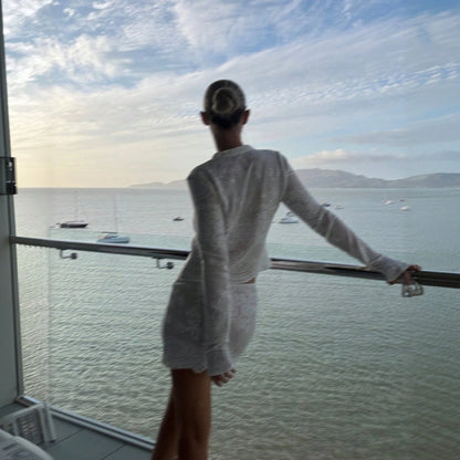 Women's White Pointelle Long Sleeve Short Swim Dress With Slight Stretch Fabric, Perfect For Resort Wear And Beach Vacation Outfits Women