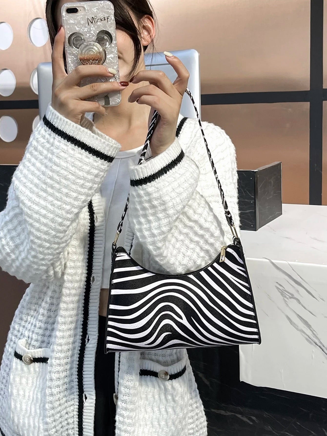 Women's Zebra Print Tote Shoulder Bag Leather Top Handle Purse Travel Handbag Clutch Wallet With Chain Lightweight,Business Casual Zebra Striped Pattern Bag For Teen Girls Women College Students,Rooki