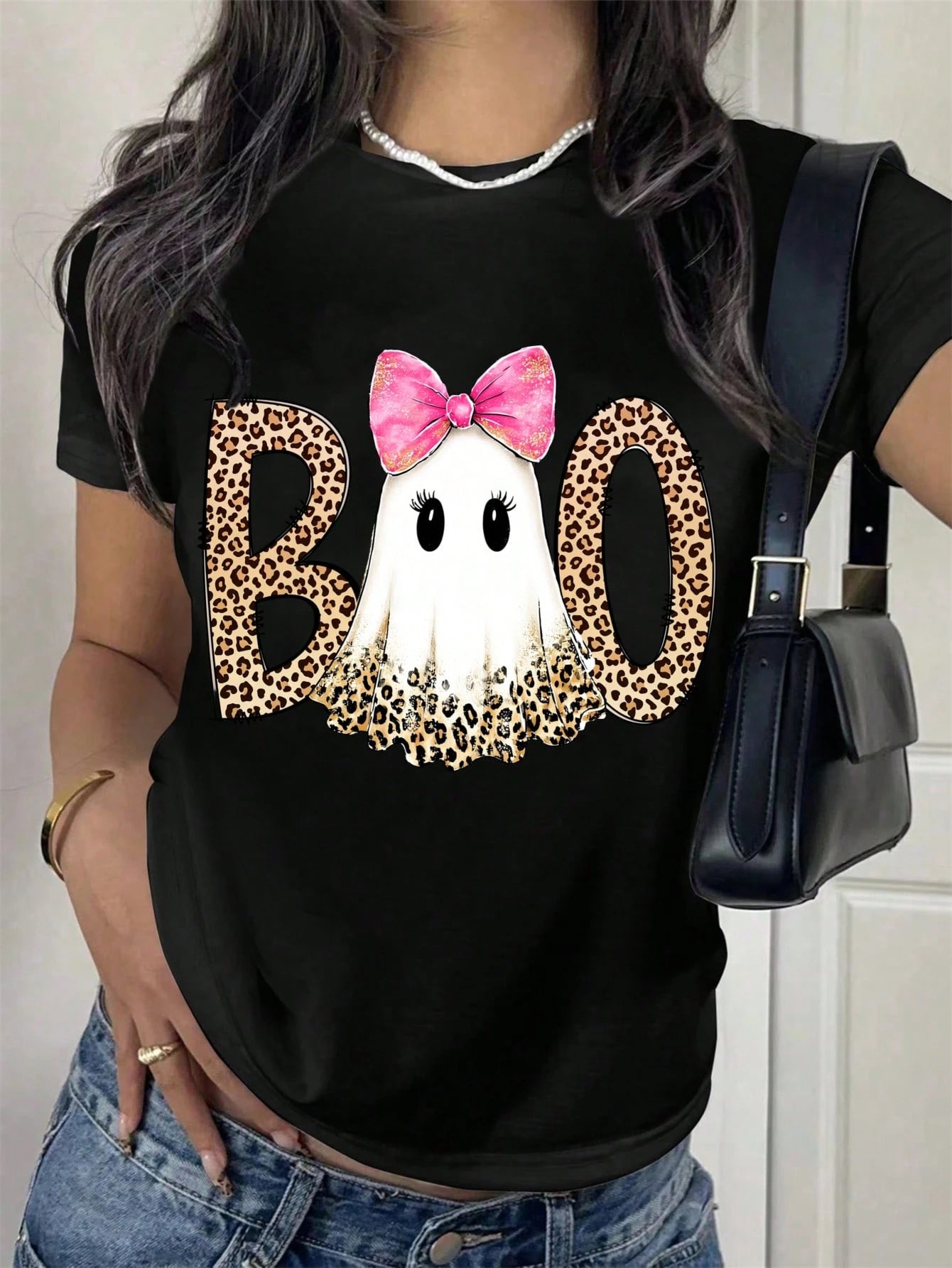 Women Short Sleeve T Shirt Black Leopard Print Boo Ghost With Pink Bow Halloween Party Top