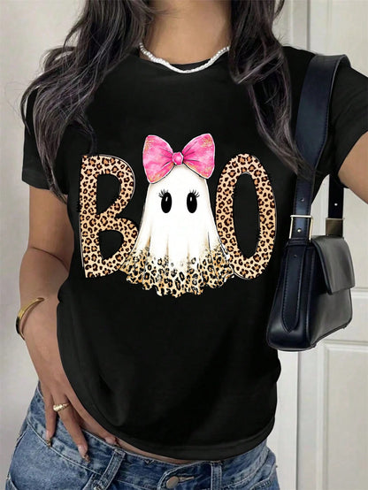 Women Short Sleeve T Shirt Black Leopard Print Boo Ghost With Pink Bow Halloween Party Top