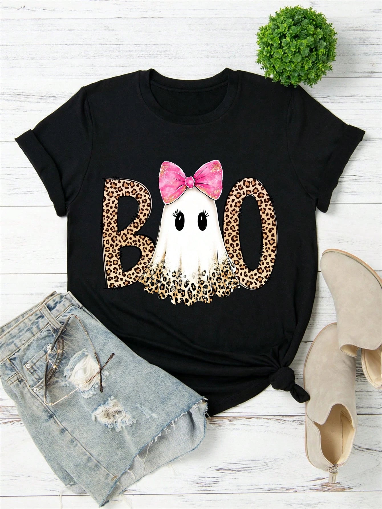 Women Short Sleeve T Shirt Black Leopard Print Boo Ghost With Pink Bow Halloween Party Top