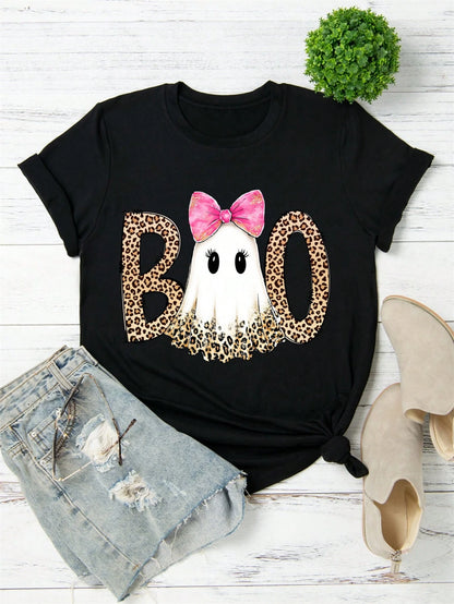 Women Short Sleeve T Shirt Black Leopard Print Boo Ghost With Pink Bow Halloween Party Top