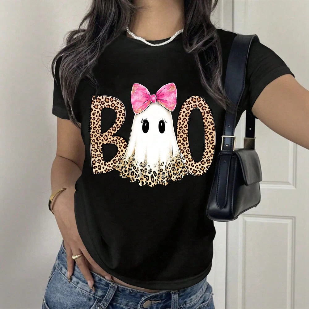 Women Short Sleeve T Shirt Black Leopard Print Boo Ghost With Pink Bow Halloween Party Top